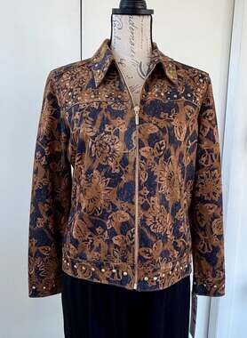 Ruby Rd. Petite Floral Print Faux Suede Studded Zip-Up Jacket Brown PS